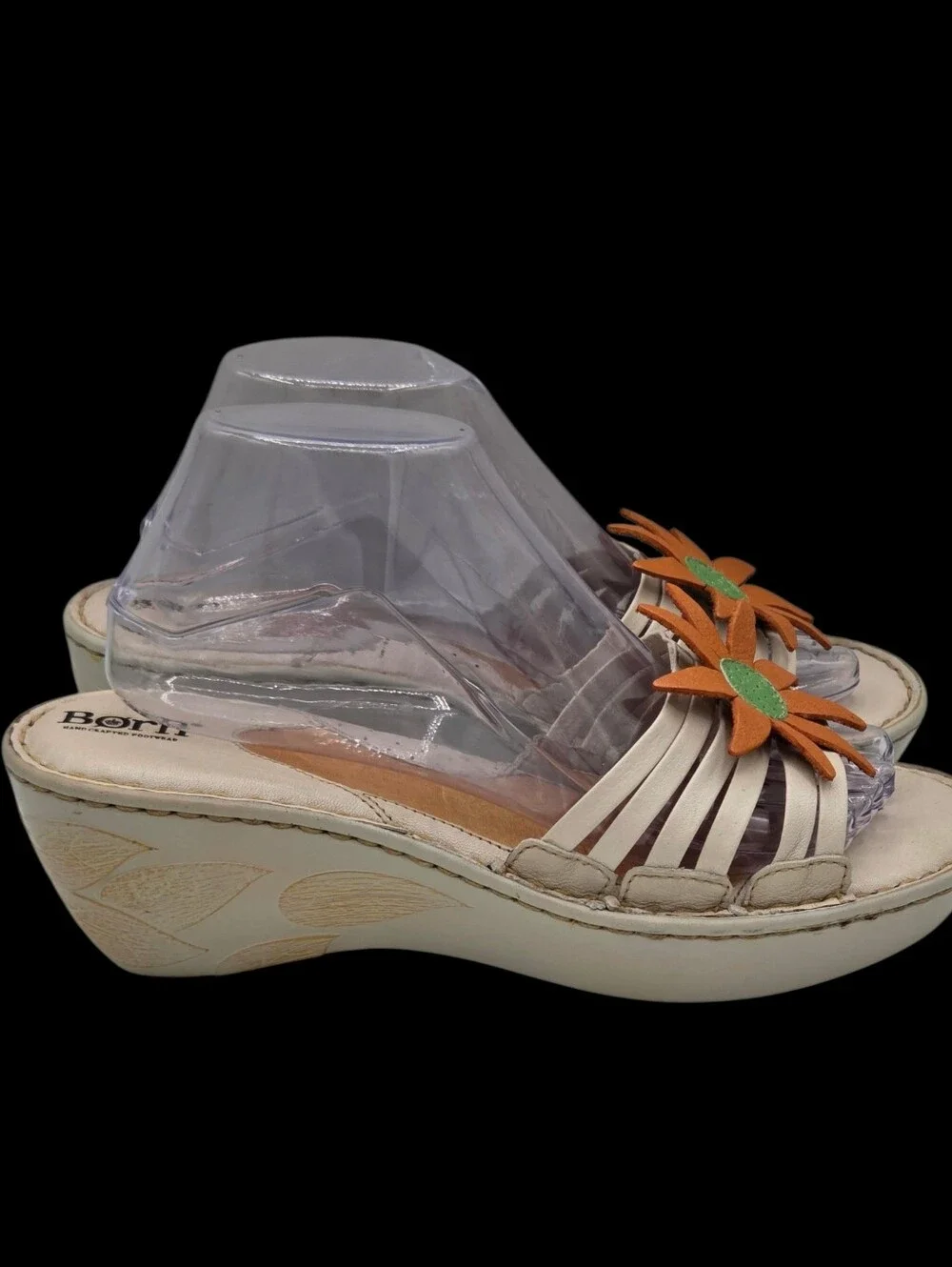 Y2k Born Sandals Cream Leather Wedge Orange Green Flower Applique Whimsical  7.5